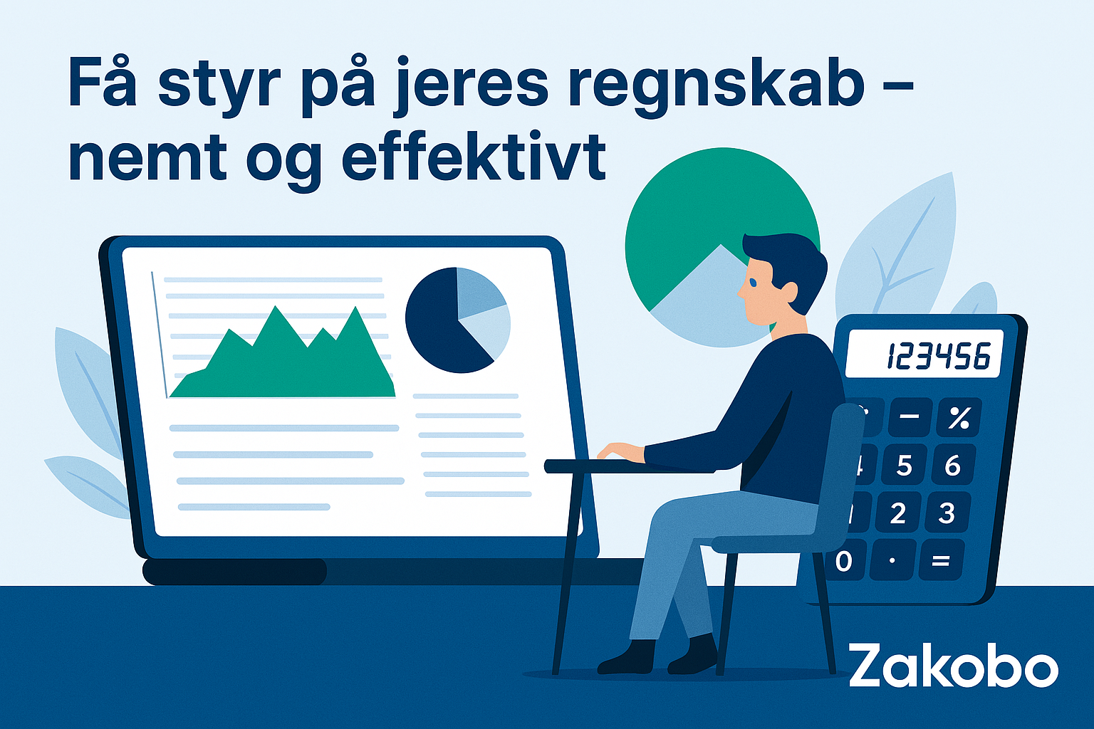 Illustration af digital regnskabsføring i foreninger – person arbejder ved computer med regnskabsgrafer og økonomidata, Zakobo-logo nederst til højre.