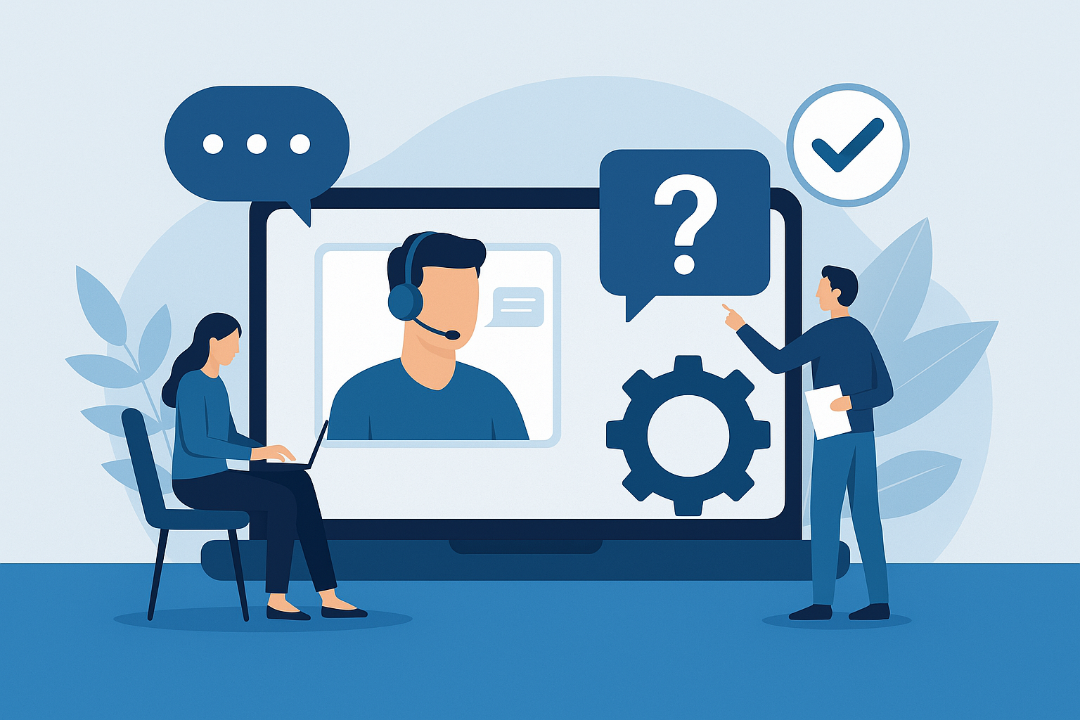 Illustration af digital support til foreninger – med headset, spørgsmålstegn og brugerdialog.