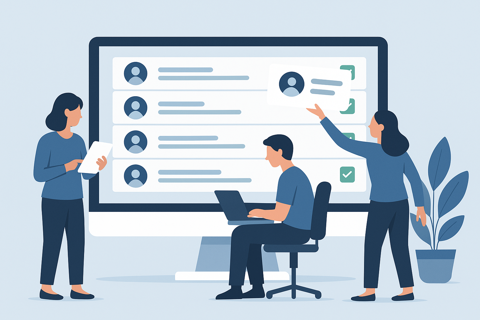 Illustration af digital medlemshåndtering med personer, der arbejder på en computer med medlemsprofiler – relevant for foreninger og klubber.