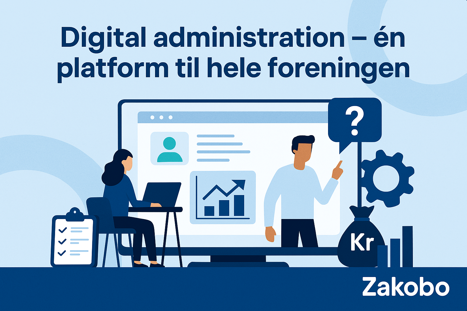 Illustration af digital foreningsadministration – personer arbejder med platform og tandhjul, symbol på struktur, teknologi og overblik, med Zakobo-logo nederst.