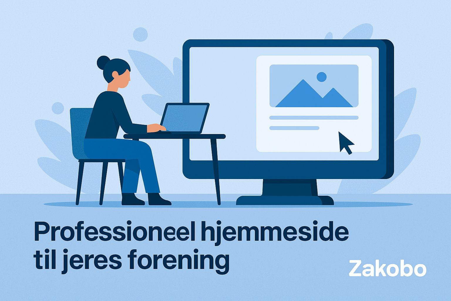 Illustration af en digital hjemmeside til foreninger – person arbejder på laptop ved siden af en browser med hjemmesideeksempel. Zakobo-logo nederst til højre.
